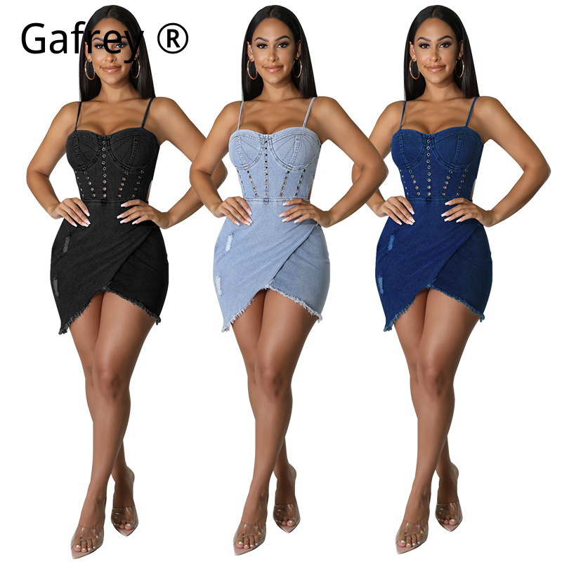 Ruched Dress Mini - فستان جينز نسائي مثير بدون أكمام