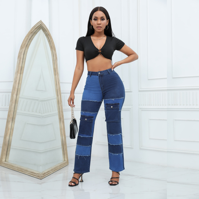 Women'S Fashion Utility Pants - بنطال جينز متعدد الجيوب بنمط ألوان