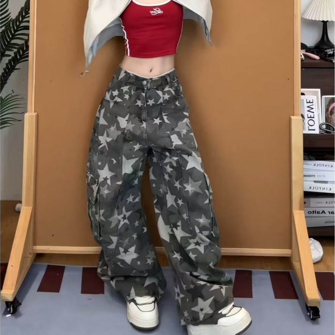 Women'S Fashion Utility Pants - بنطلون كارجو نسائي بنقشة التمويه، خصر