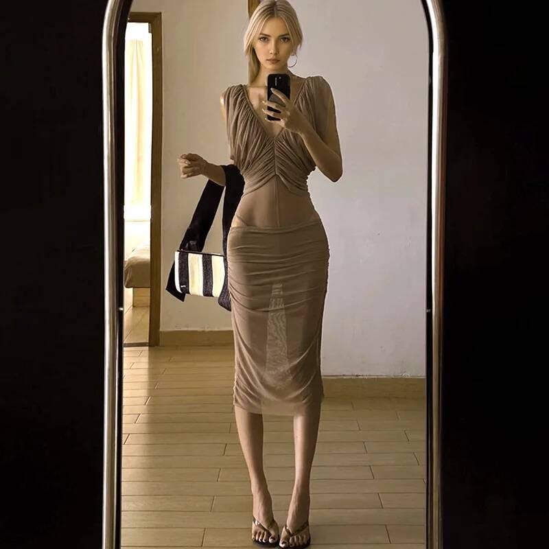 Ruched Dress Mini - فستان شيفون فرنسي نسائي صيفي بقصة