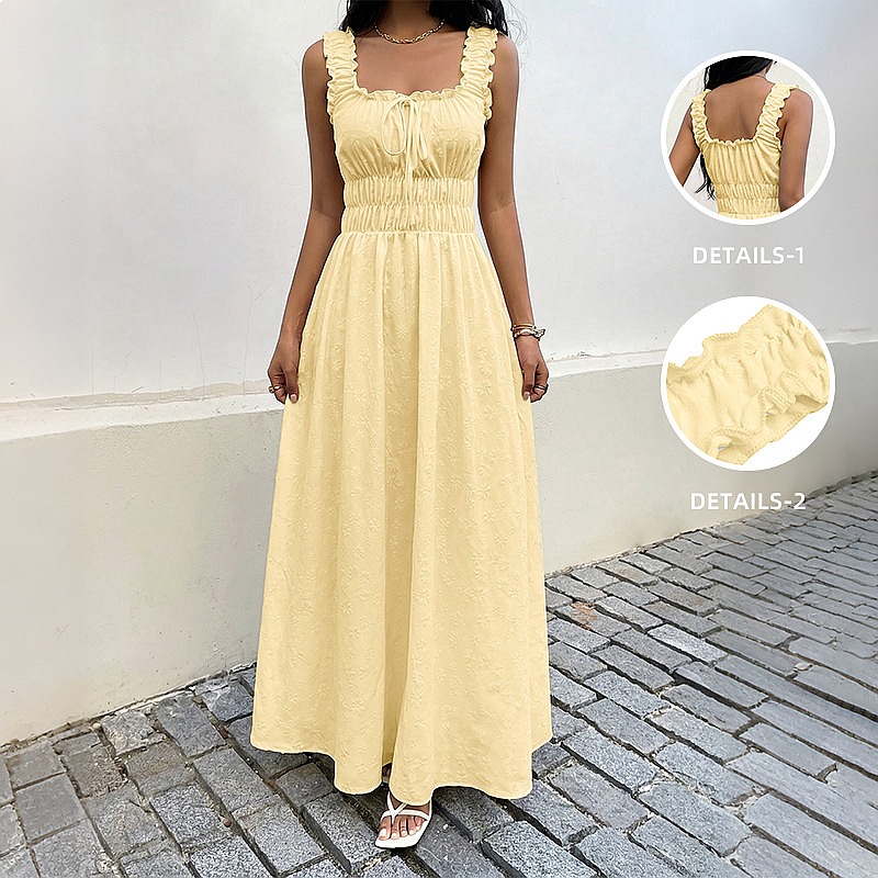 Maxi Dress Boho - فستان صيفي بدون أكمام برقبة مربعة،