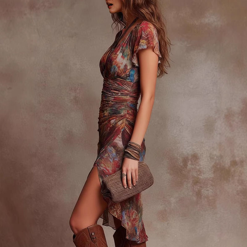 فستان حفلات قصير الأكمام بطبعة - مراجعة Ruched Dress Mini وسعره